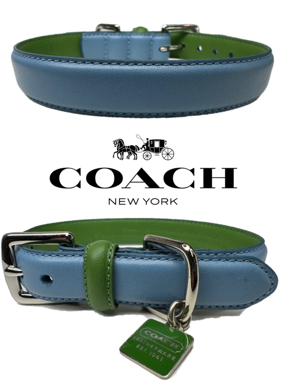 Coach Green Blue  Leather Vintage Y2 K ID Tag Size S Small 11-13” Dog Collar